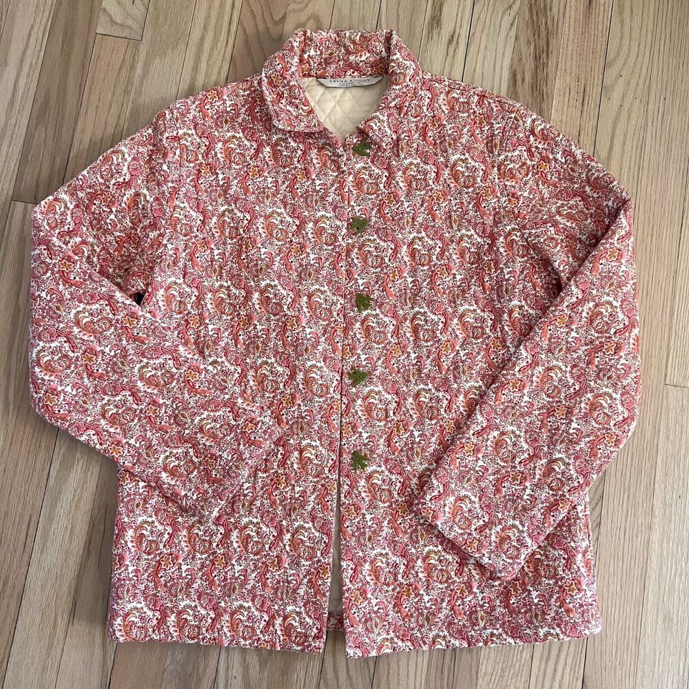 Vintage Laura Ashley Womens Sz Medium Pink Paisley Floral Quilted Coat Jacket - Picture 2 of 9